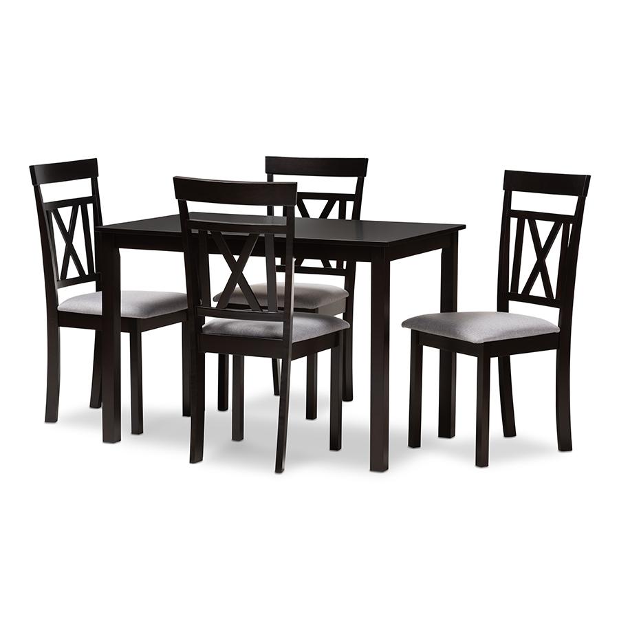 Rosie Modern and Contemporary Espresso Brown Finished and Grey Fabric Upholstered 5-Piece Dining Set. Picture 1