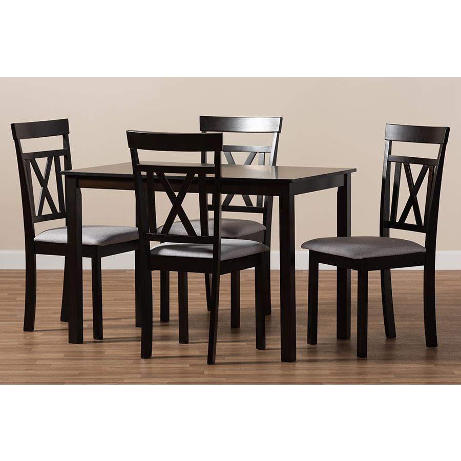 Rosie Modern and Contemporary Espresso Brown Finished and Grey Fabric Upholstered 5-Piece Dining Set. Picture 3