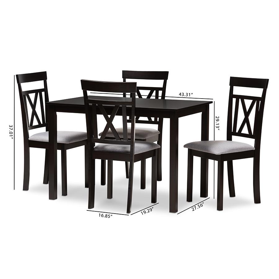 Rosie Modern and Contemporary Espresso Brown Finished and Grey Fabric Upholstered 5-Piece Dining Set. Picture 4