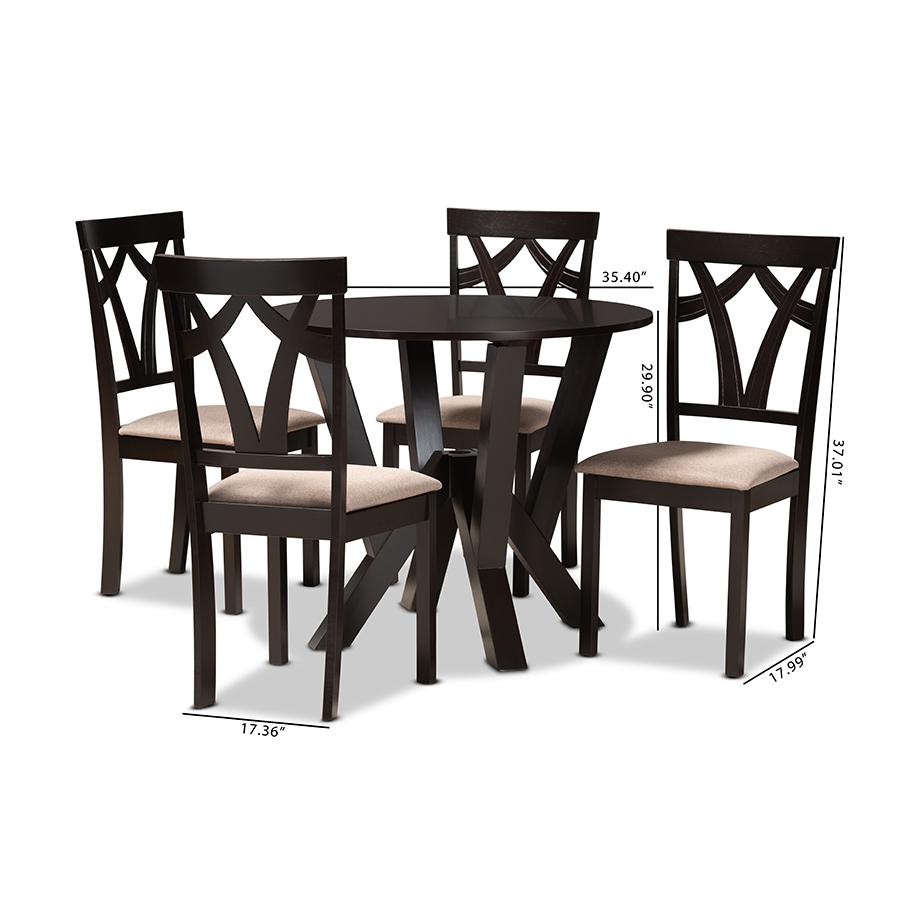 Sand Fabric Upholstered and Dark Brown Finished Wood 5-Piece Dining Set. Picture 9