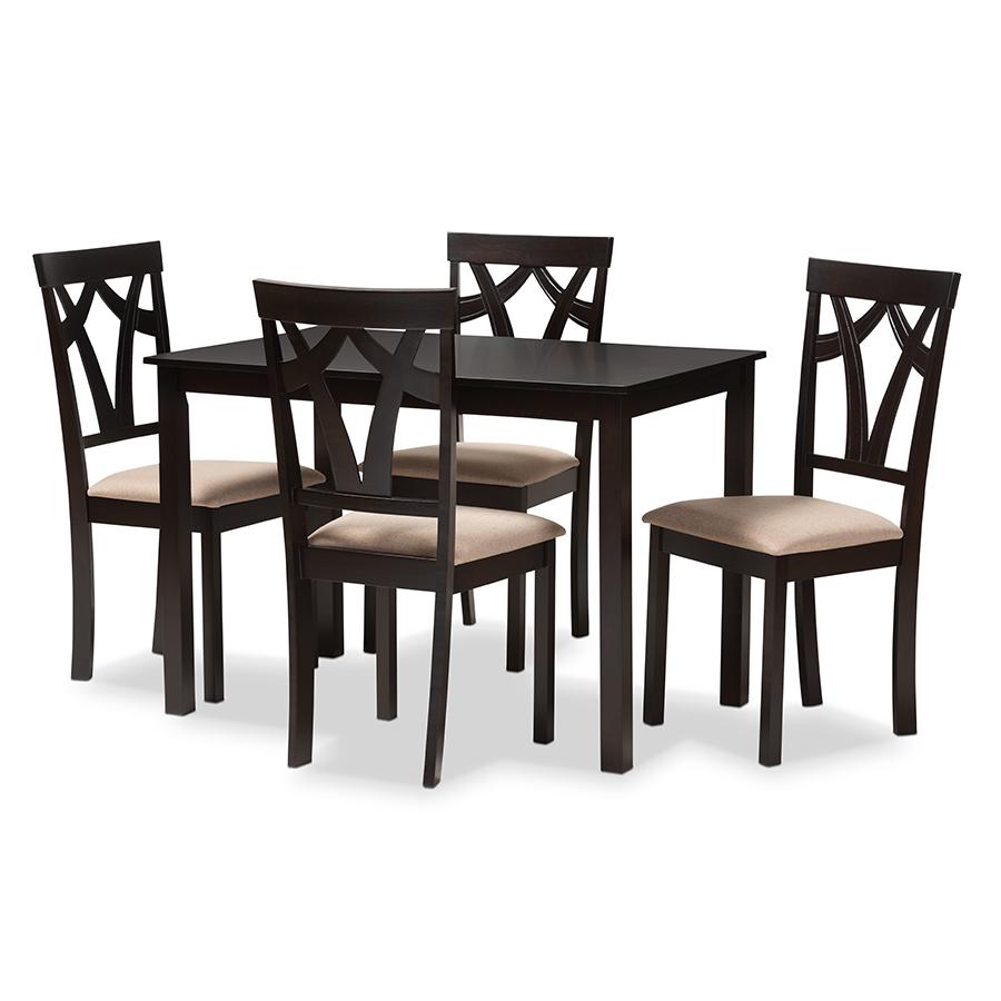 Sylvia Modern and Contemporary Espresso Brown Finished and Sand Fabric Upholstered 5-Piece Dining Set. Picture 1