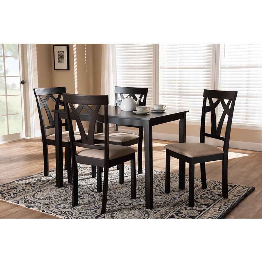 Sylvia Modern and Contemporary Espresso Brown Finished and Sand Fabric Upholstered 5-Piece Dining Set. Picture 2