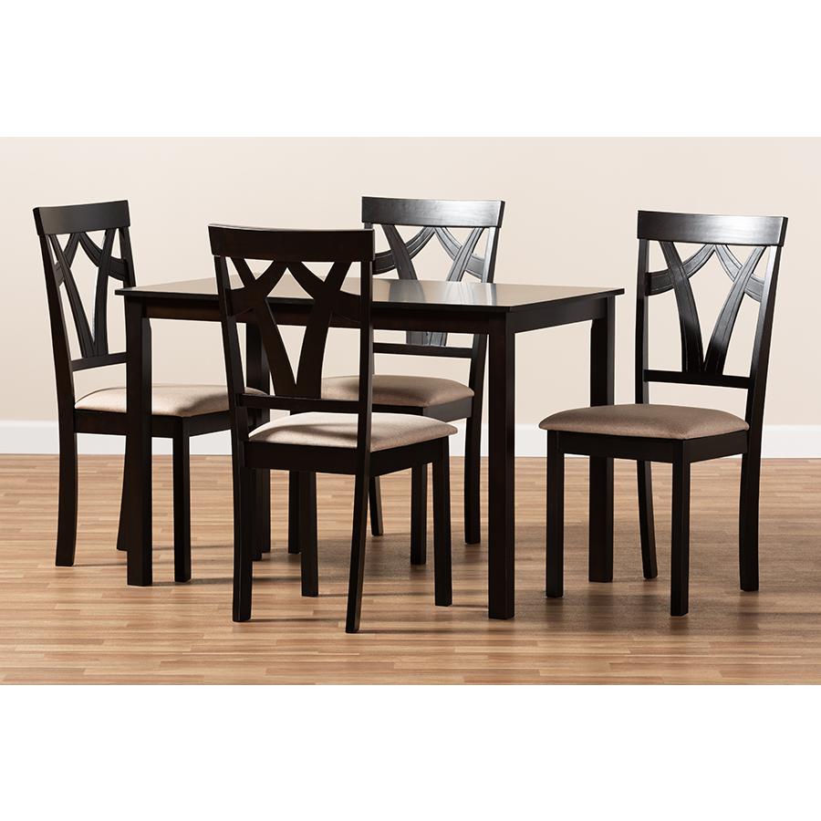 Sylvia Modern and Contemporary Espresso Brown Finished and Sand Fabric Upholstered 5-Piece Dining Set. Picture 3
