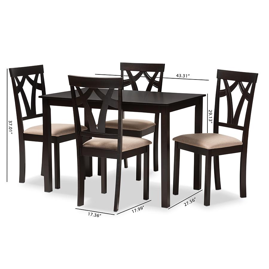 Sylvia Modern and Contemporary Espresso Brown Finished and Sand Fabric Upholstered 5-Piece Dining Set. Picture 4
