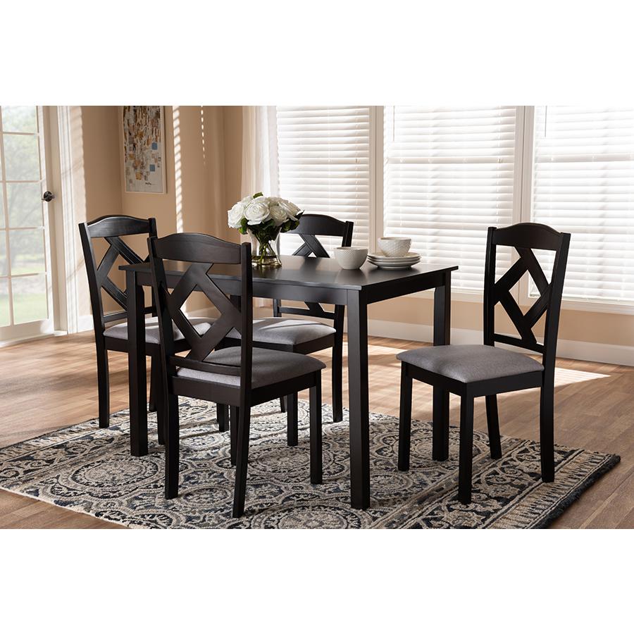 Ruth Modern and Contemporary Espresso Brown Finished and Grey Fabric Upholstered 5-Piece Dining Set. Picture 2