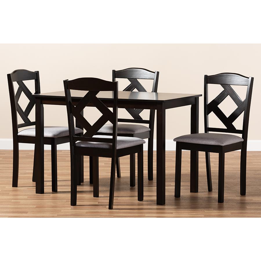 Ruth Modern and Contemporary Espresso Brown Finished and Grey Fabric Upholstered 5-Piece Dining Set. Picture 3