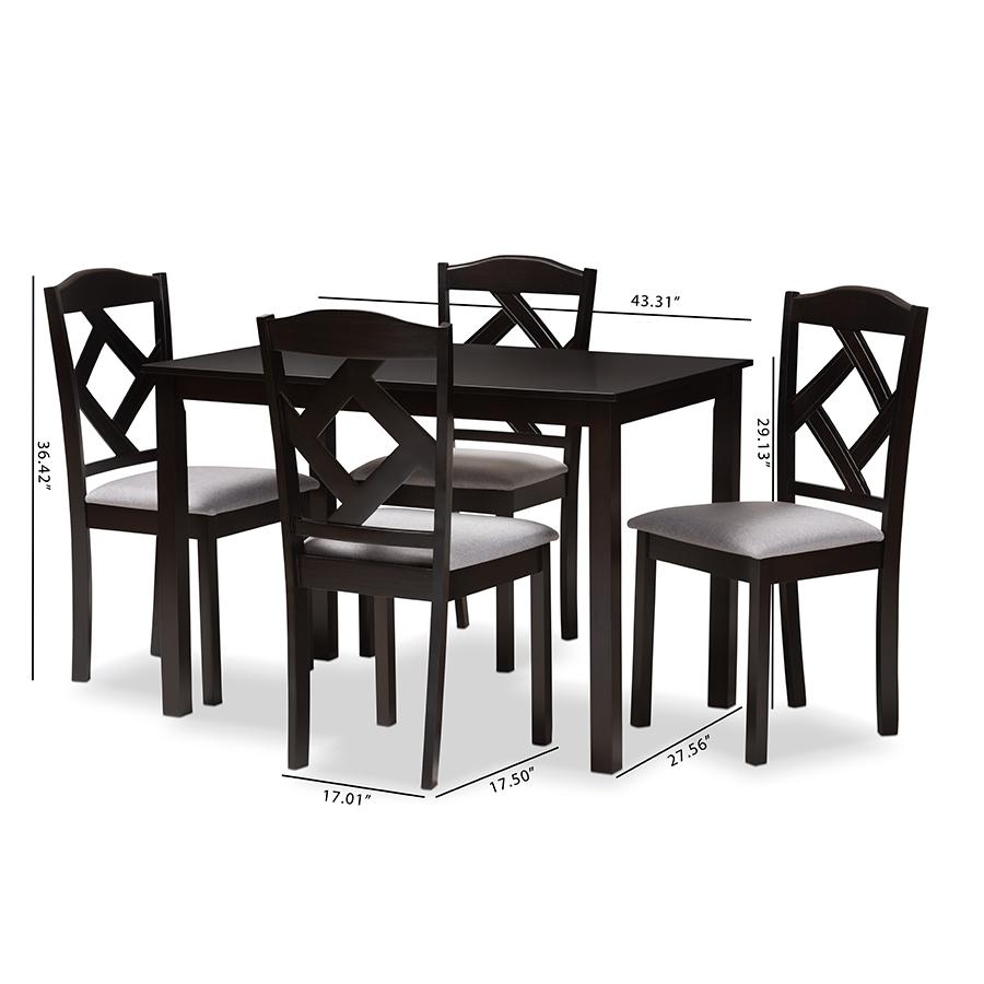 Ruth Modern and Contemporary Espresso Brown Finished and Grey Fabric Upholstered 5-Piece Dining Set. Picture 4
