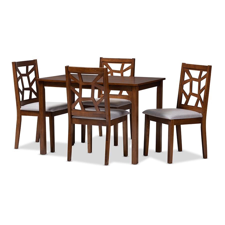 Abilene Mid-Century Walnut Finished and Grey Fabric Upholstered 5-Piece Dining Set. Picture 1
