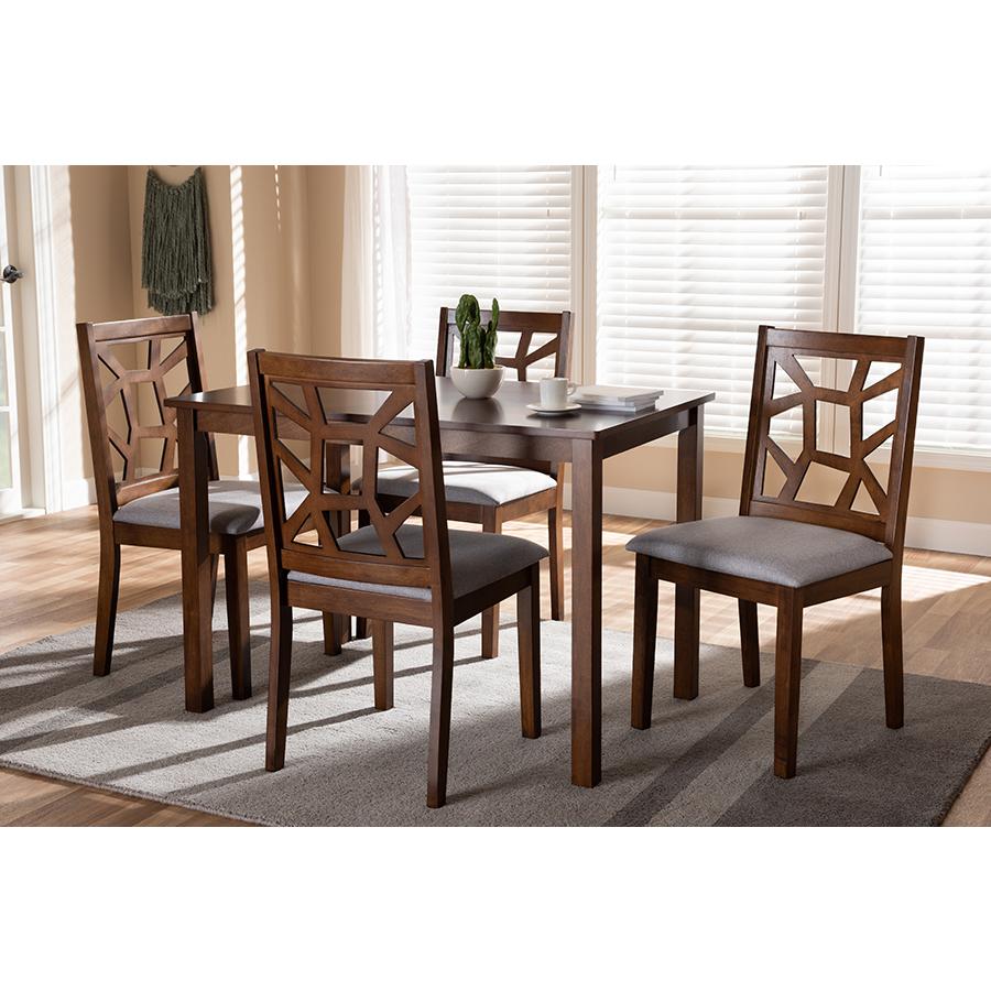 Abilene Mid-Century Walnut Finished and Grey Fabric Upholstered 5-Piece Dining Set. Picture 3