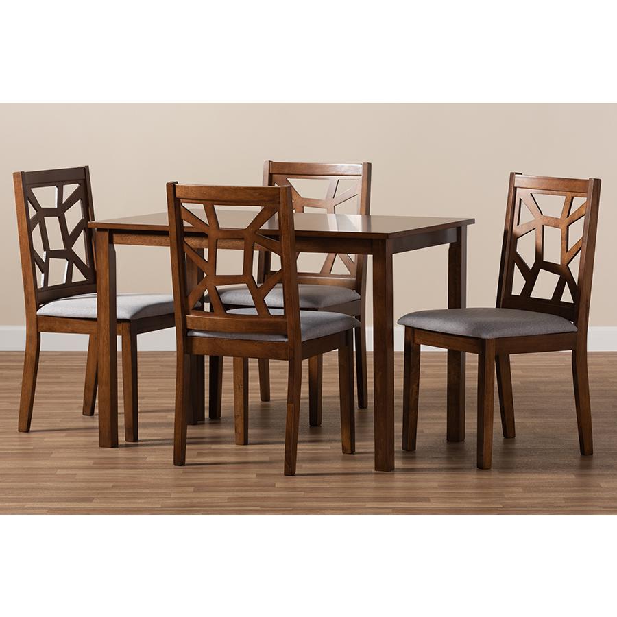 Abilene Mid-Century Walnut Finished and Grey Fabric Upholstered 5-Piece Dining Set. Picture 4