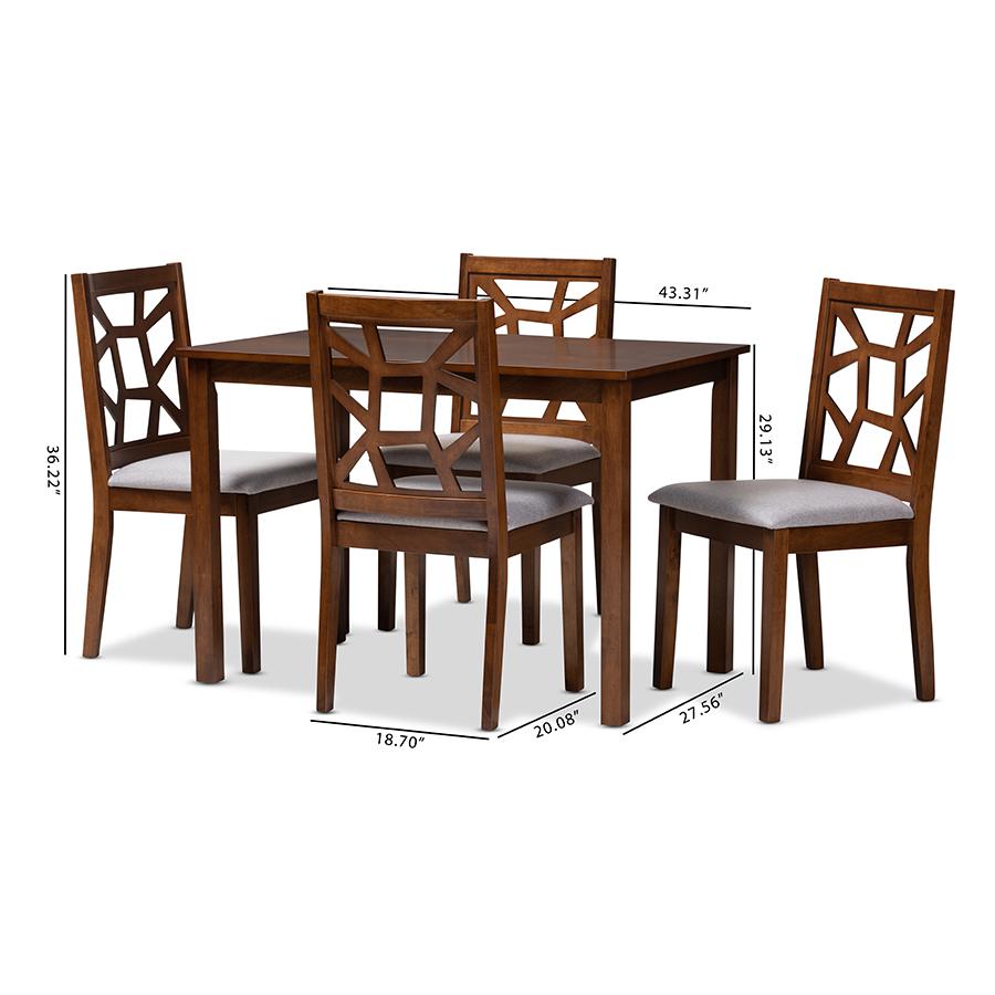 Abilene Mid-Century Walnut Finished and Grey Fabric Upholstered 5-Piece Dining Set. Picture 5