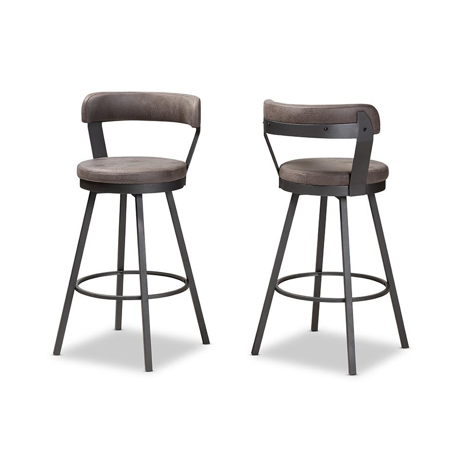 Arcene Rustic and Industrial Antique Grey Fabric Swivel Bar Stool Set of 2. Picture 1