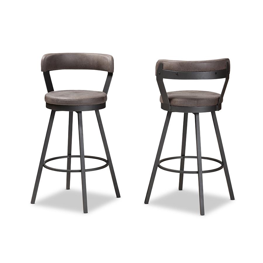 Arcene Rustic and Industrial Antique Grey Fabric 2-Piece Swivel Bar Stool Set. Picture 2