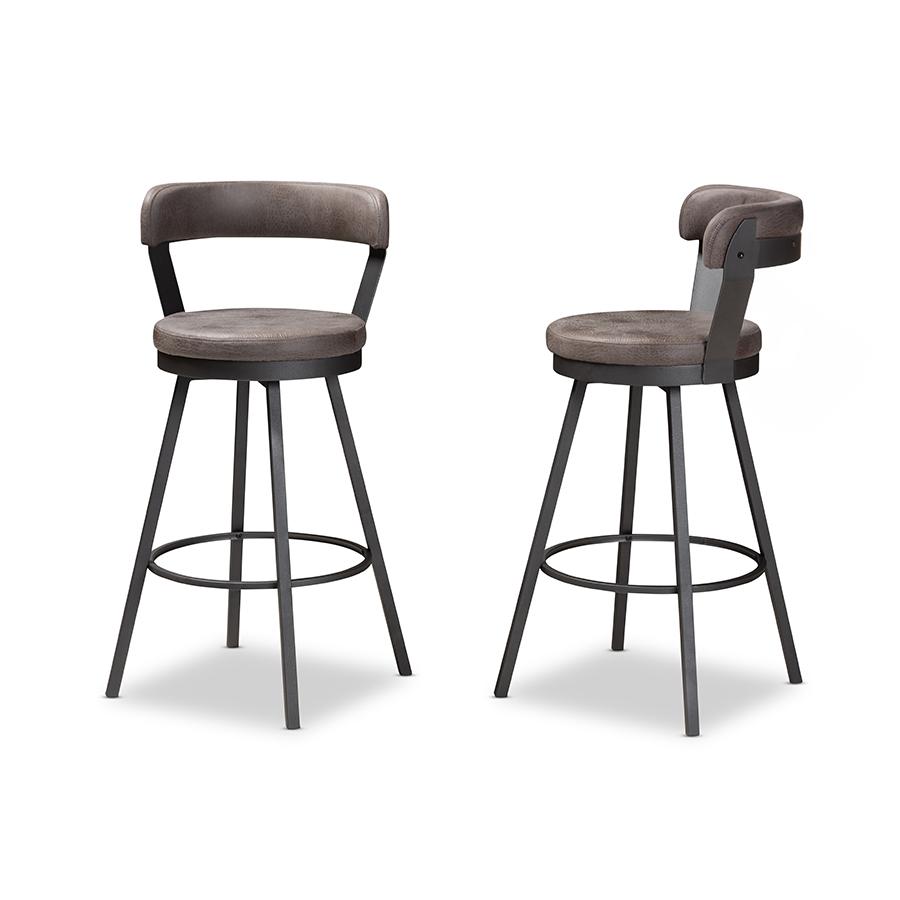 Arcene Rustic and Industrial Antique Grey Fabric 2-Piece Swivel Bar Stool Set. Picture 3