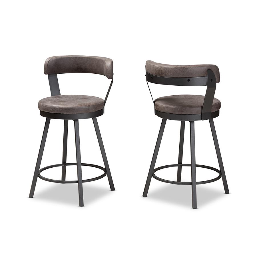 Arcene Rustic and Industrial Grey Fabric Upholstered 2-Piece Counter Stool Set. Picture 1