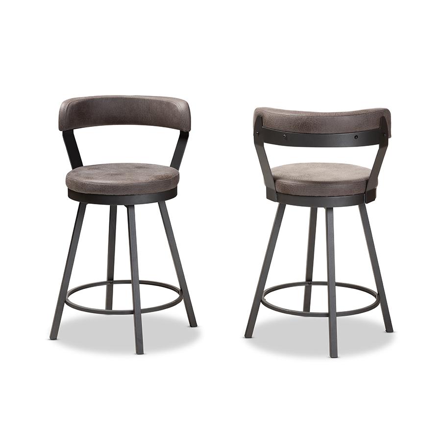 Arcene Rustic and Industrial Grey Fabric Upholstered 2-Piece Counter Stool Set. Picture 2