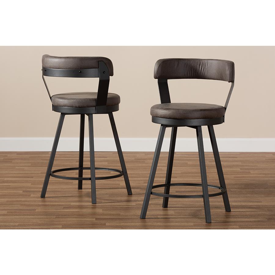 Arcene Rustic and Industrial Grey Fabric Upholstered 2-Piece Counter Stool Set. Picture 6
