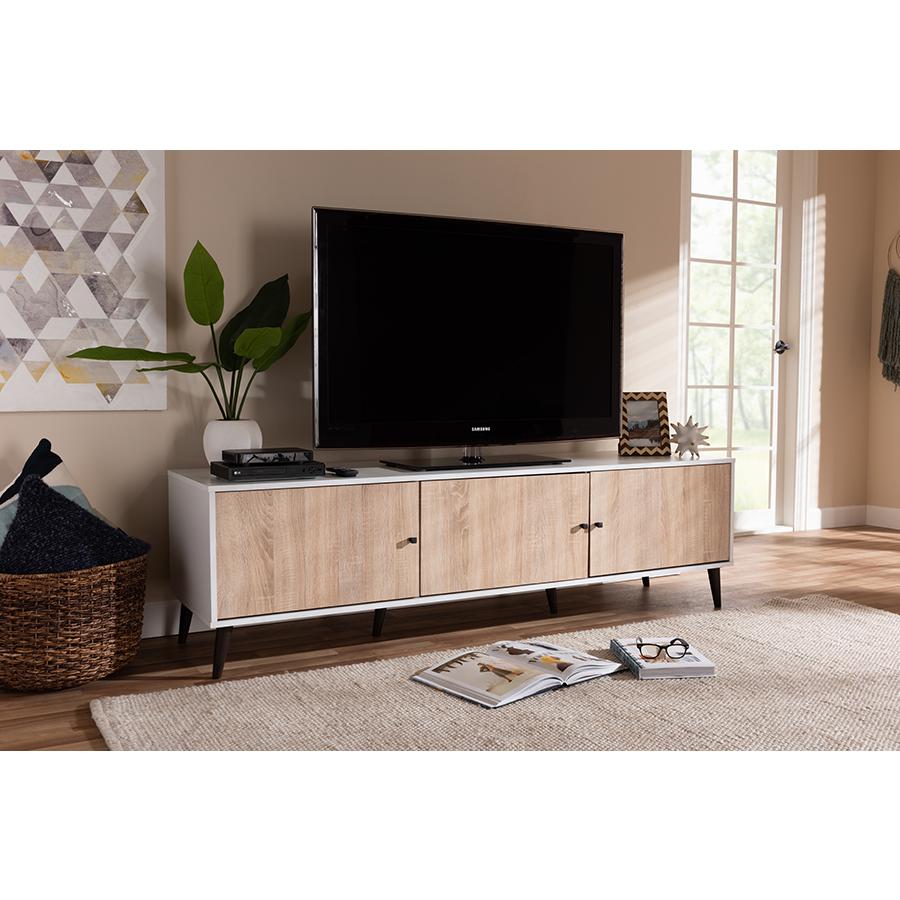 Bastien Mid-Century Modern White and Light Oak 6-Shelf TV Stand. Picture 2