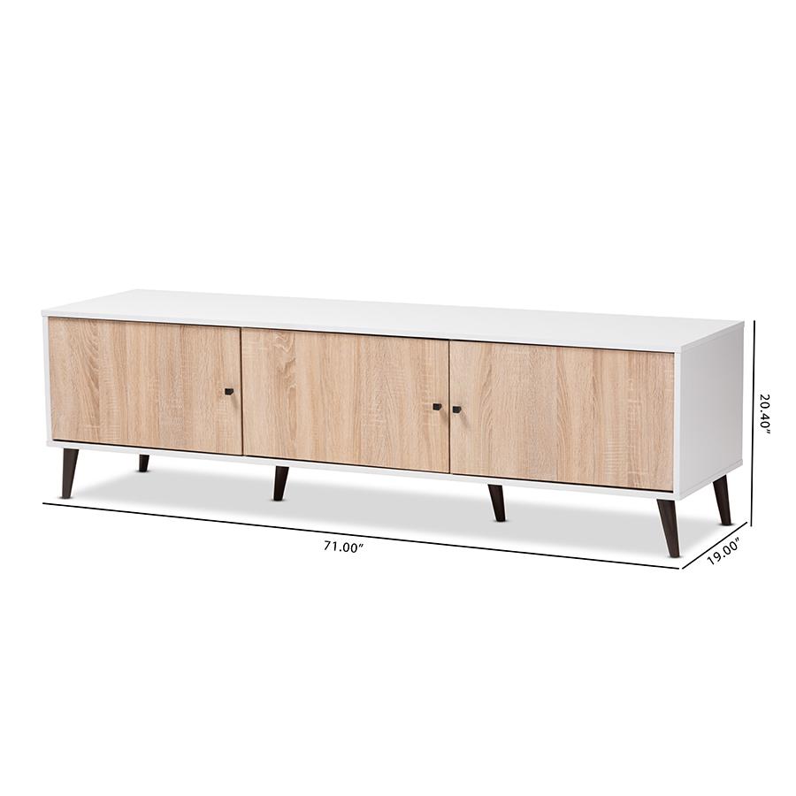 Bastien Mid-Century Modern White and Light Oak 6-Shelf TV Stand. Picture 10
