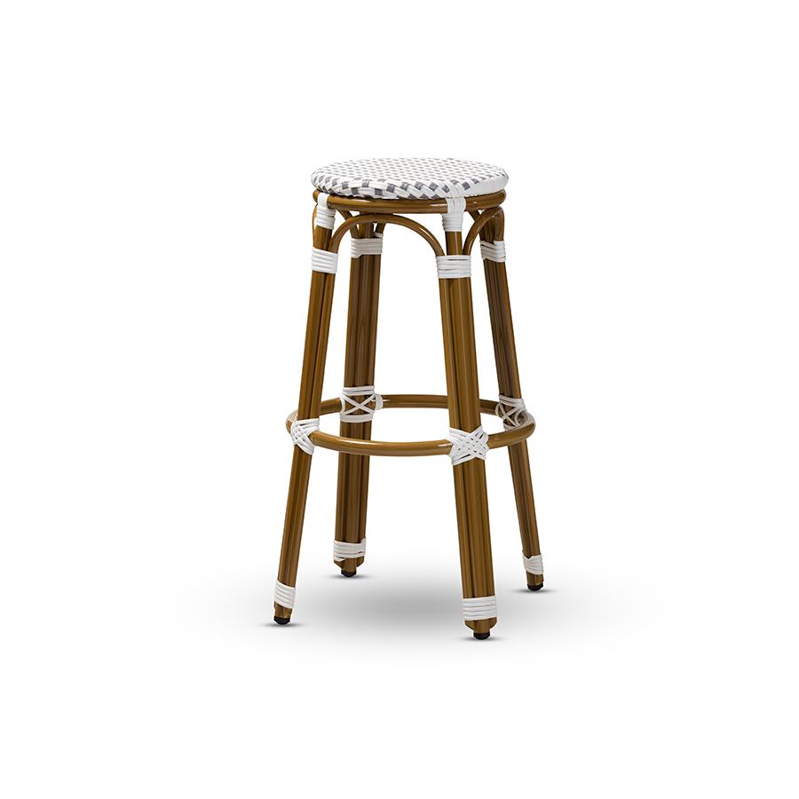Joelle Classic French Indoor and Outdoor Grey and White Bamboo Style Stackable Bistro Bar Stool. Picture 1
