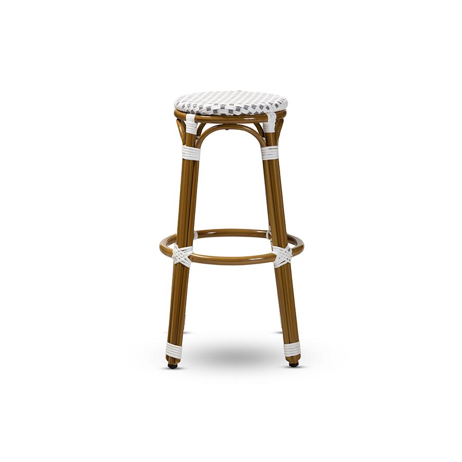 Joelle Classic French Indoor and Outdoor Grey and White Bamboo Style Stackable Bistro Bar Stool. Picture 3