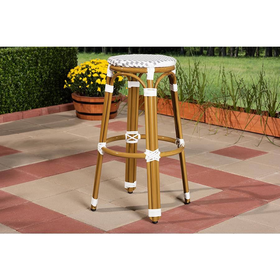 Joelle Classic French Indoor and Outdoor Grey and White Bamboo Style Stackable Bistro Bar Stool. Picture 2