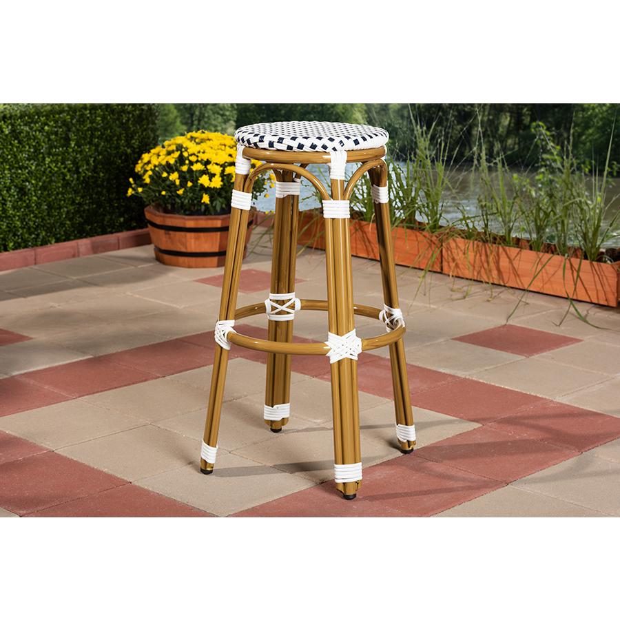 Joelle Classic French Indoor and Outdoor Navy and White Bamboo Style Stackable Bistro Bar Stool. Picture 2