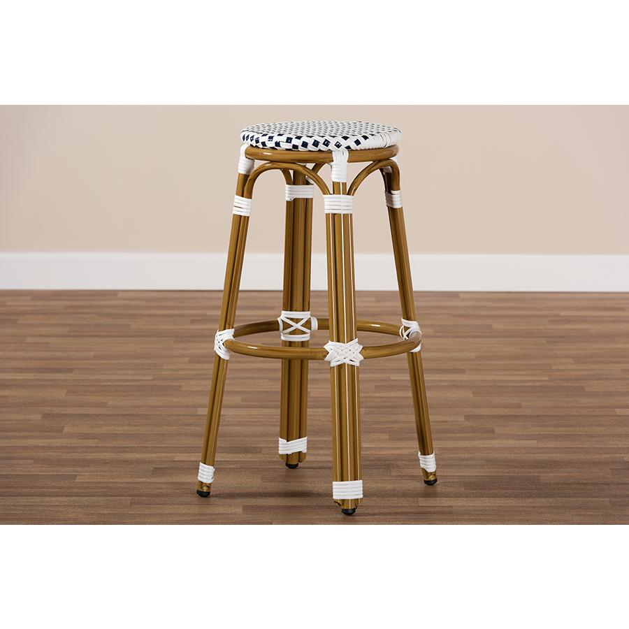 Joelle Classic French Indoor and Outdoor Navy and White Bamboo Style Stackable Bistro Bar Stool. Picture 6