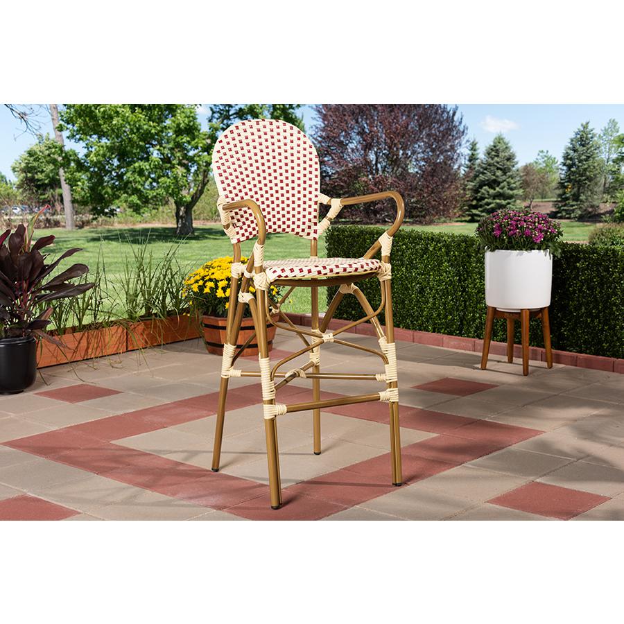 Marguerite Classic French Indoor and Outdoor Beige and Red Bamboo Style Stackable Bistro Bar Stool. Picture 2