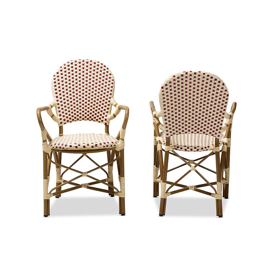 Seva Classic French Indoor and Outdoor Beige and Red Bamboo Style Stackable Bistro Dining Chair Set of 2. Picture 3