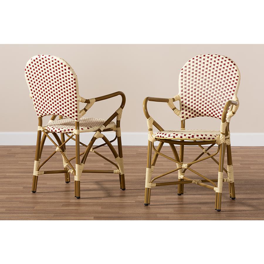 Seva Classic French Indoor and Outdoor Beige and Red Bamboo Style Stackable Bistro Dining Chair Set of 2. Picture 7