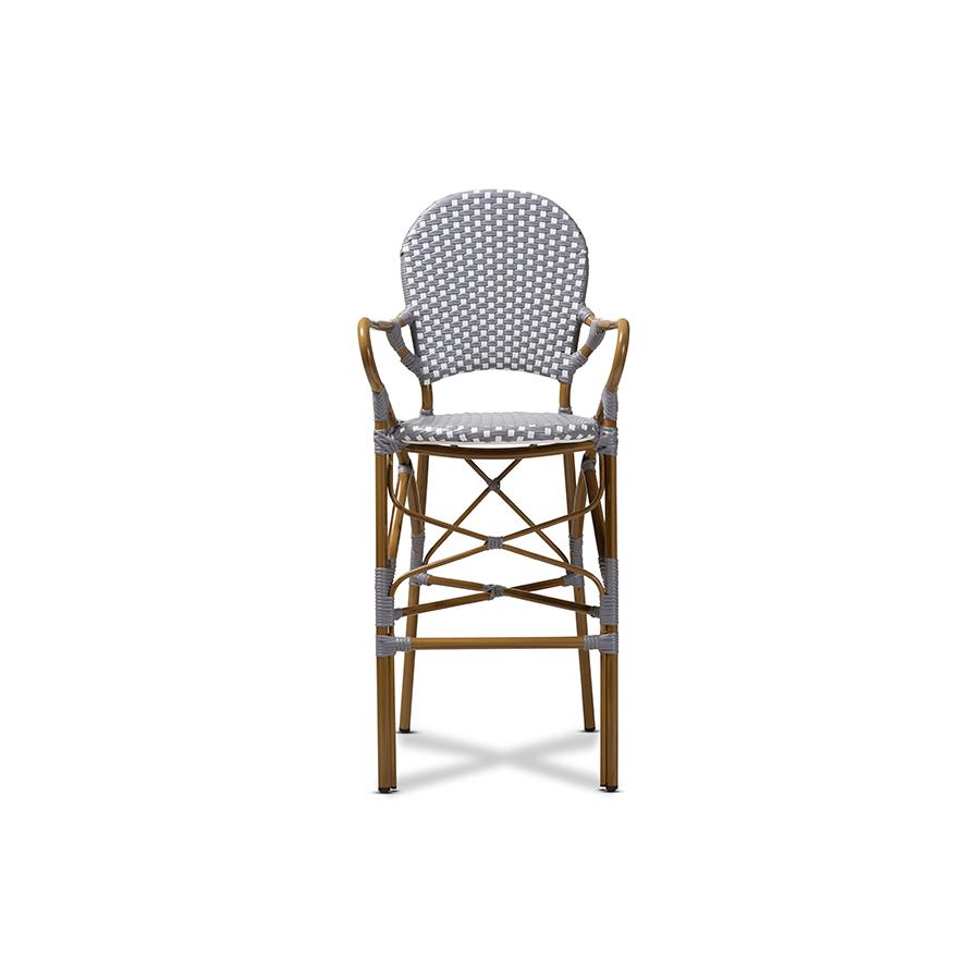 Marguerite Classic French Indoor and Outdoor Grey and White Bamboo Style Bistro Stackable Bar Stool. Picture 3