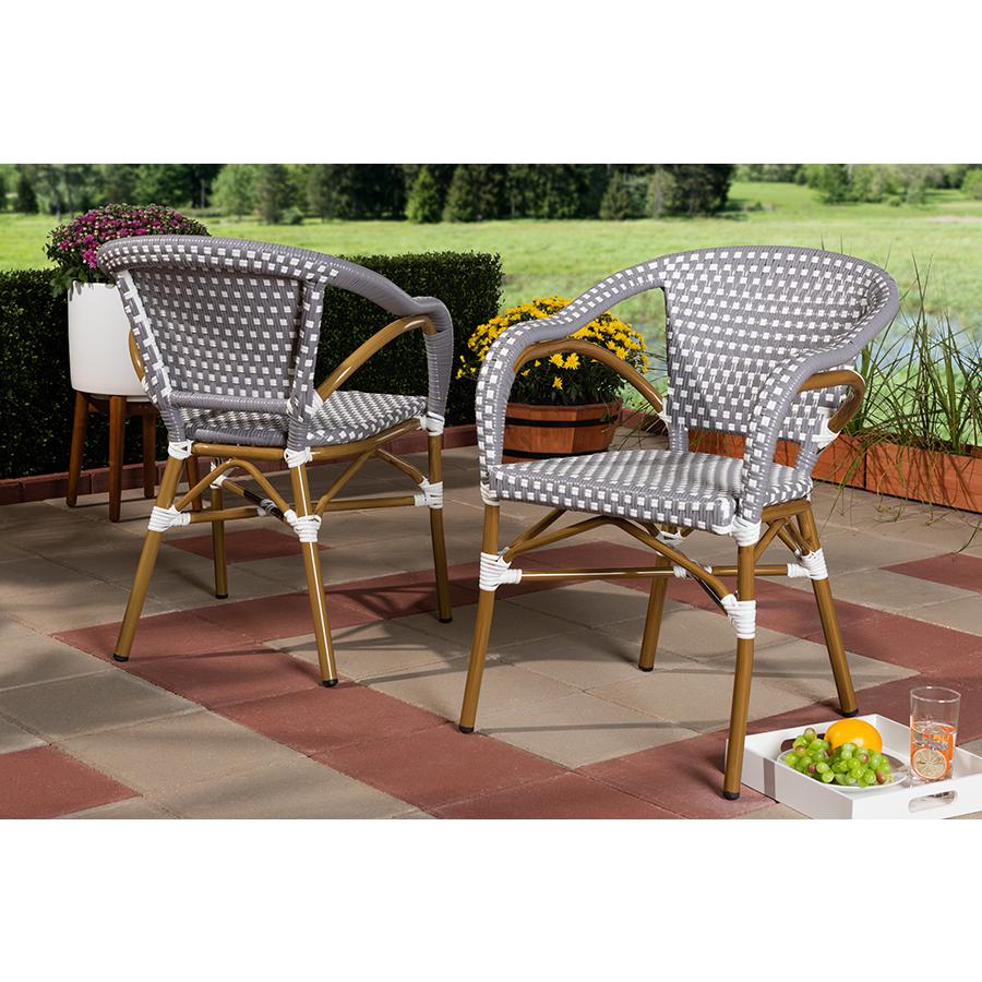 Eliane Classic French Indoor and Outdoor Grey and White Bamboo Style Stackable Bistro Dining Chair Set of 2. Picture 2