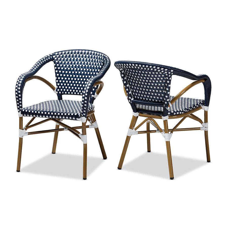 Eliane Classic French Indoor and Outdoor Navy and White Bamboo Style Stackable Bistro Dining Chair Set of 2. Picture 1