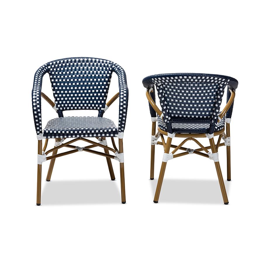 Eliane Classic French Indoor and Outdoor Navy and White Bamboo Style Stackable Bistro Dining Chair Set of 2. Picture 3