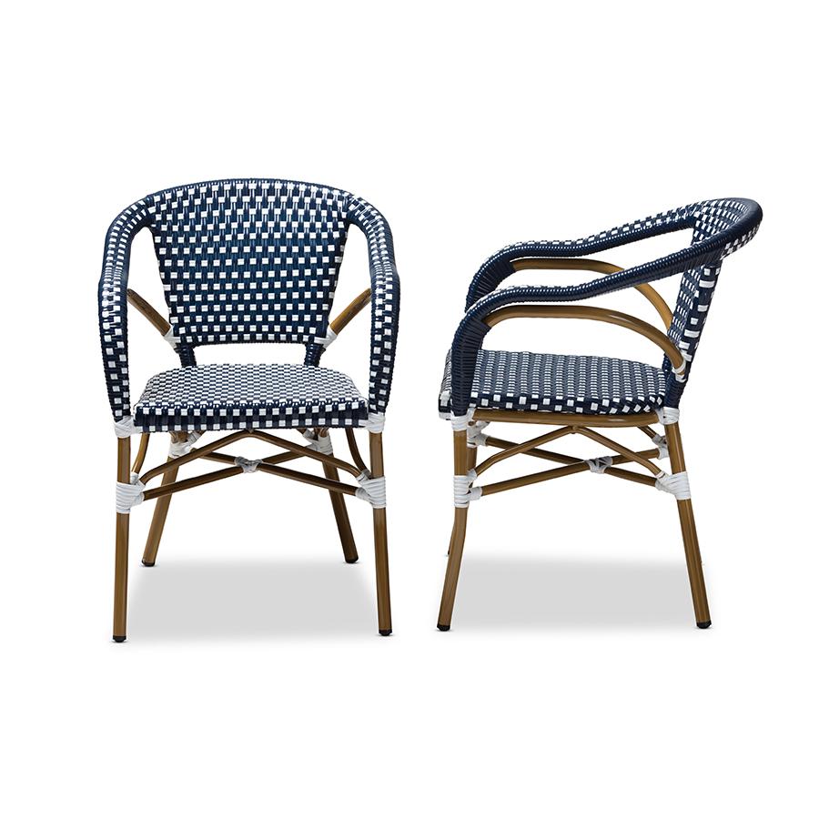 Eliane Classic French Indoor and Outdoor Navy and White Bamboo Style Stackable Bistro Dining Chair Set of 2. Picture 4