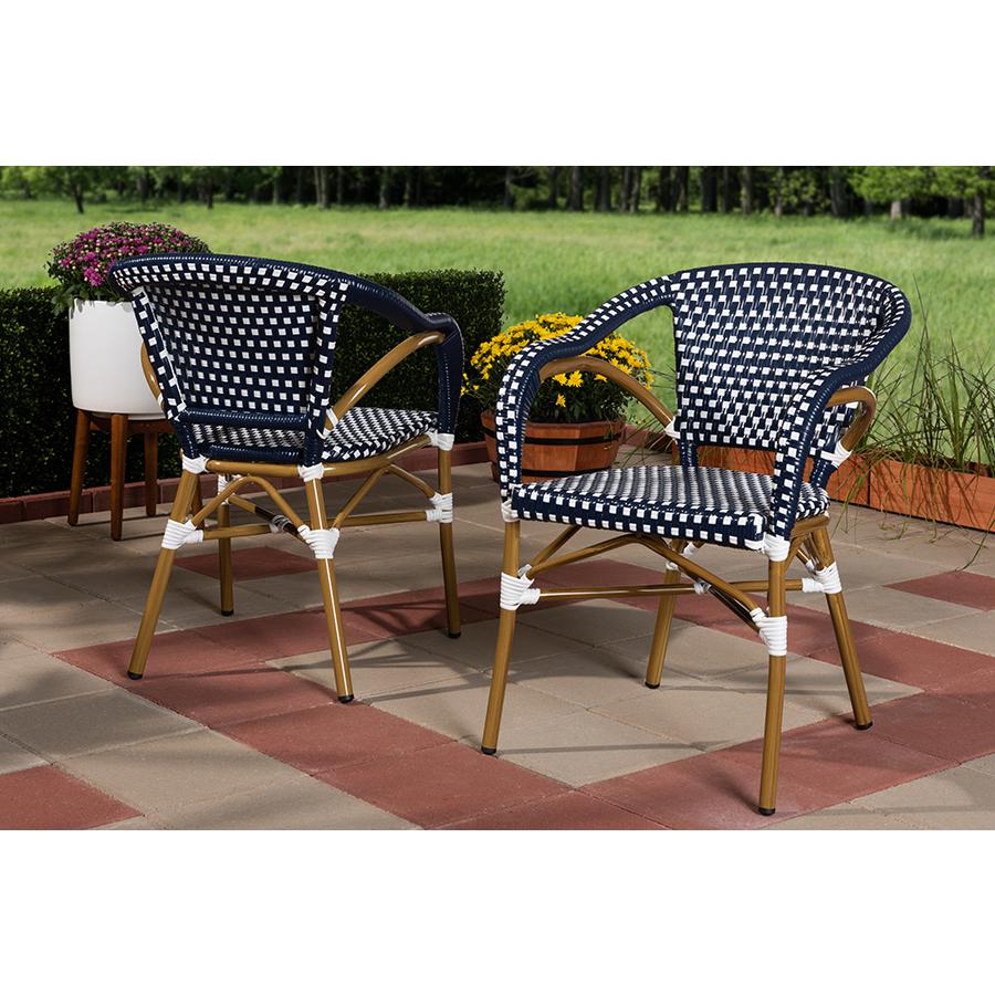 Eliane Classic French Indoor and Outdoor Navy and White Bamboo Style Stackable Bistro Dining Chair Set of 2. Picture 2