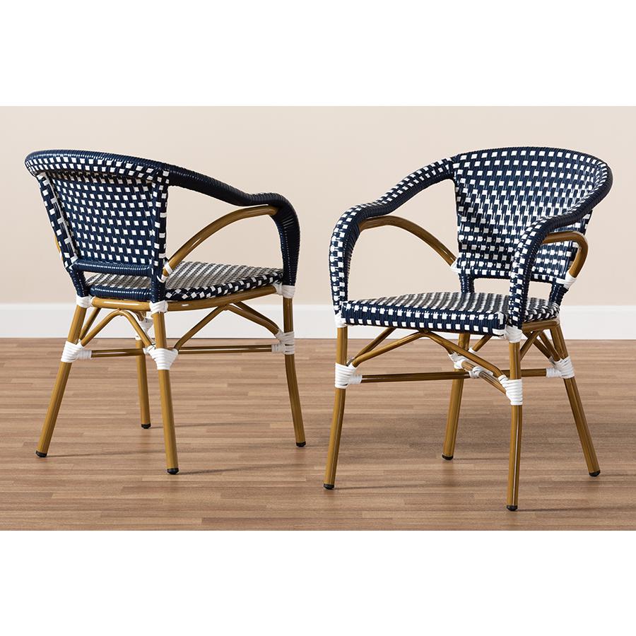 Eliane Classic French Indoor and Outdoor Navy and White Bamboo Style Stackable Bistro Dining Chair Set of 2. Picture 7