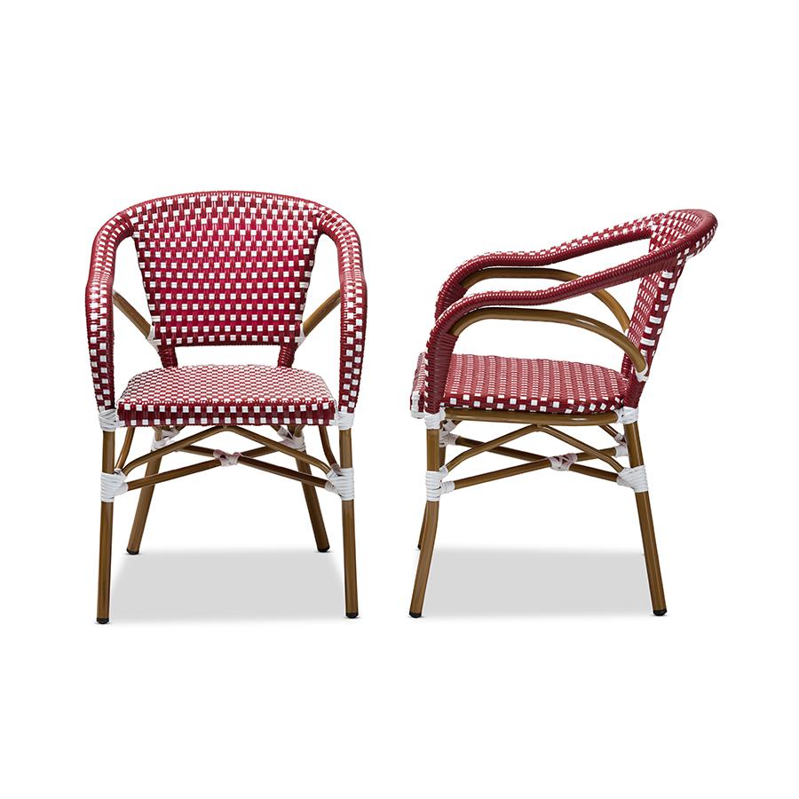 Eliane Classic French Indoor and Outdoor Red and White Bamboo Style Stackable Bistro Dining Chair Set of 2. Picture 4