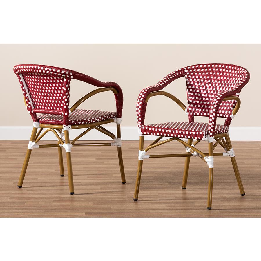 Eliane Classic French Indoor and Outdoor Red and White Bamboo Style Stackable Bistro Dining Chair Set of 2. Picture 7