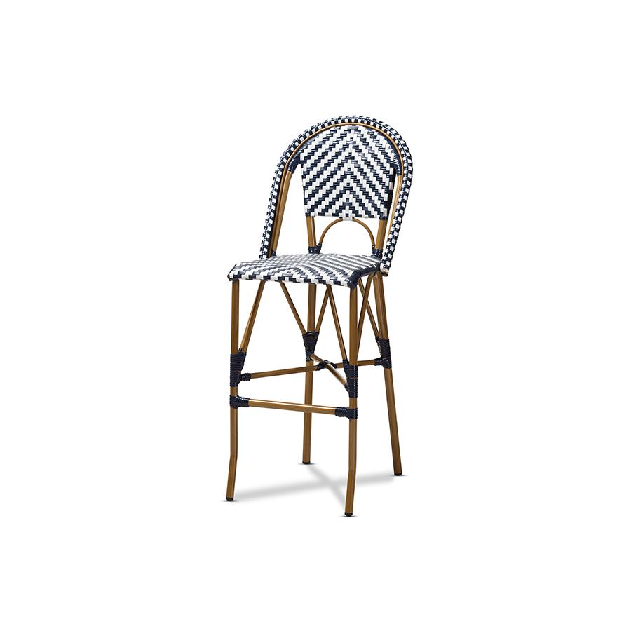 Ilene Classic French Indoor and Outdoor White and Blue Bamboo Style Stackable Bistro Bar Stool. Picture 1