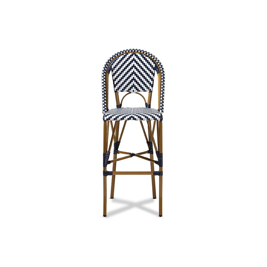 Ilene Classic French Indoor and Outdoor White and Blue Bamboo Style Stackable Bistro Bar Stool. Picture 3