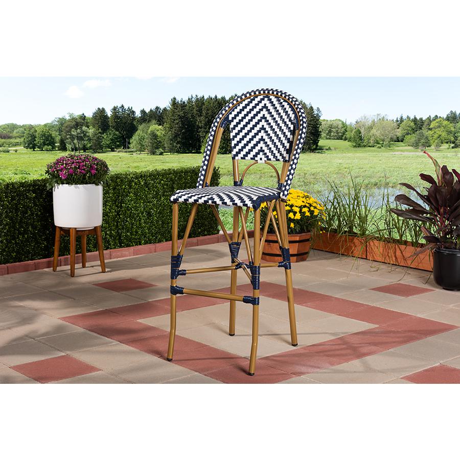 Ilene Classic French Indoor and Outdoor White and Blue Bamboo Style Stackable Bistro Bar Stool. Picture 2
