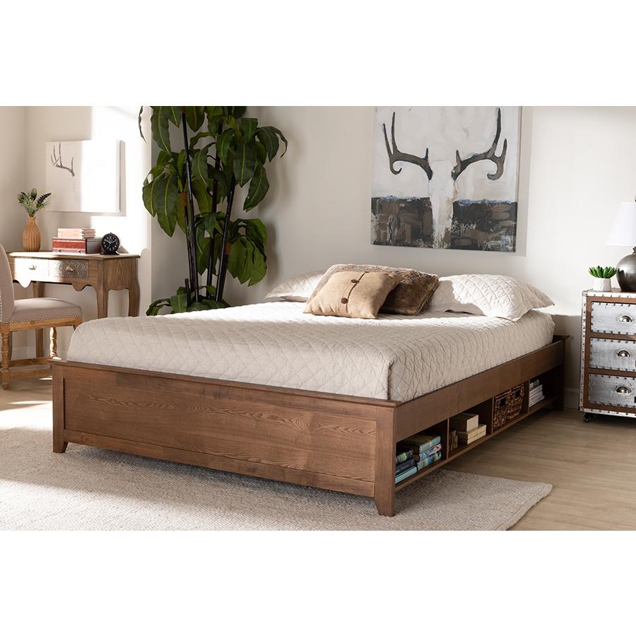 Brown Finished Wood King Size Platform Storage Bed Frame with Built-In Shelves. Picture 17