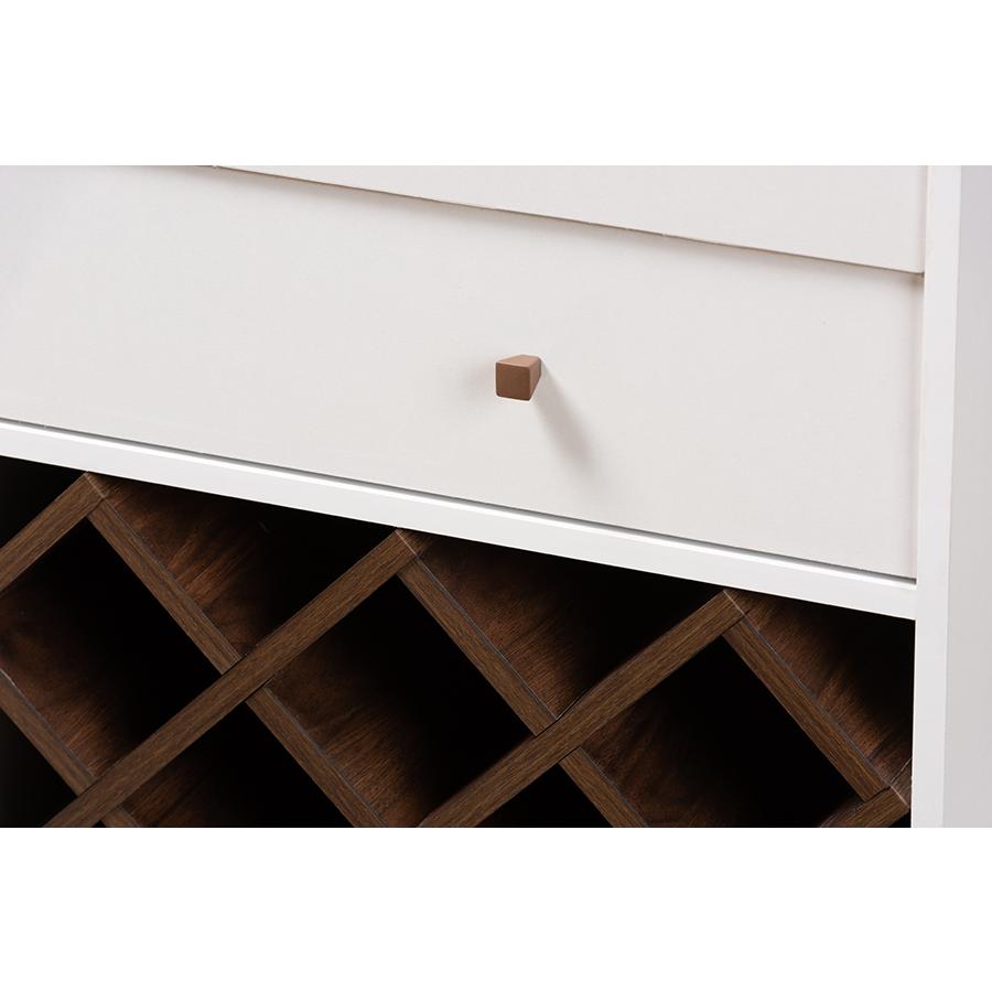 Mattia Mid-Century Modern White and Walnut Finished Wood Wine Cabinet. Picture 6