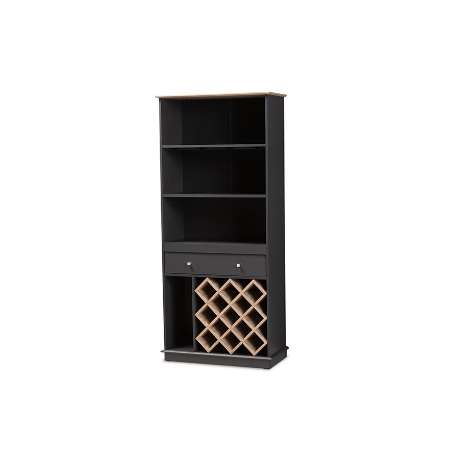 Mattia Modern and Contemporary Dark Grey and Oak Finished Wood Wine Cabinet. Picture 1