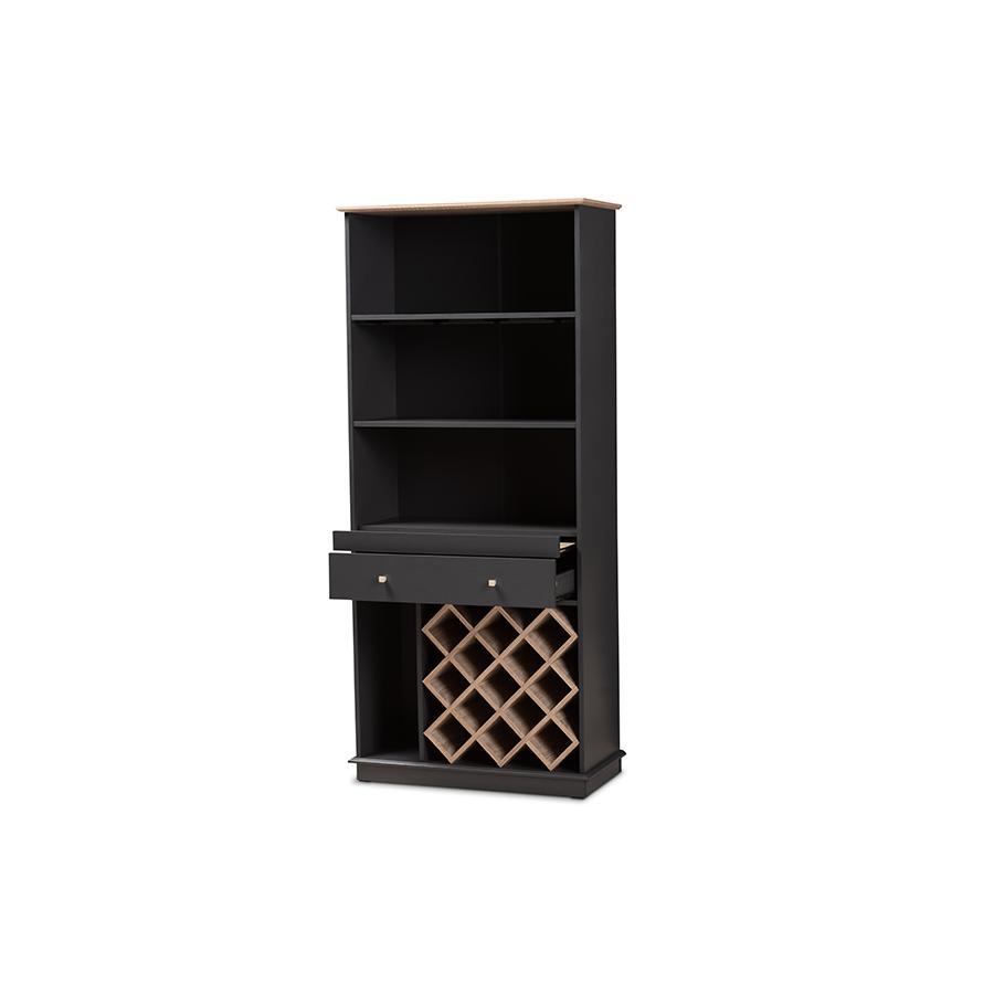 Mattia Modern and Contemporary Dark Grey and Oak Finished Wood Wine Cabinet. Picture 3