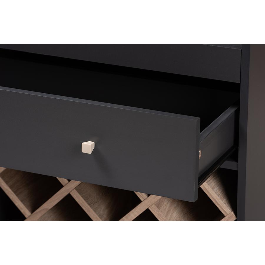 Mattia Modern and Contemporary Dark Grey and Oak Finished Wood Wine Cabinet. Picture 6
