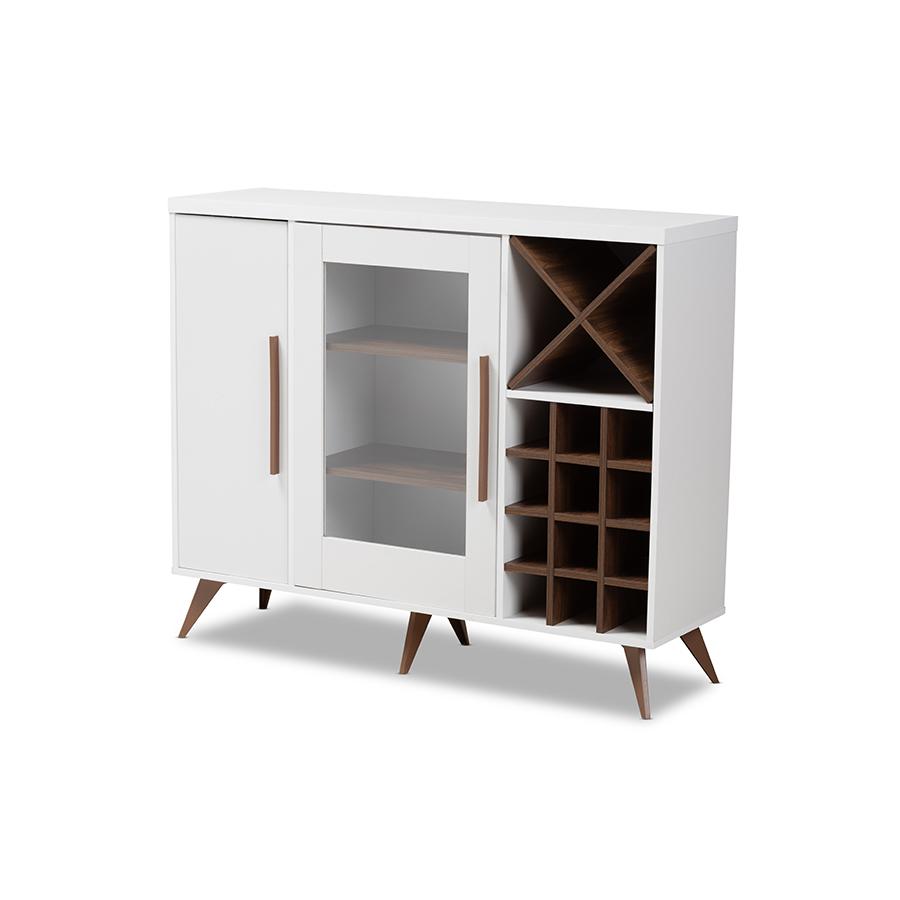 Baxton Studio Pietro Mid-Century Modern White and Brown Finished Wine Cabinet. Picture 1