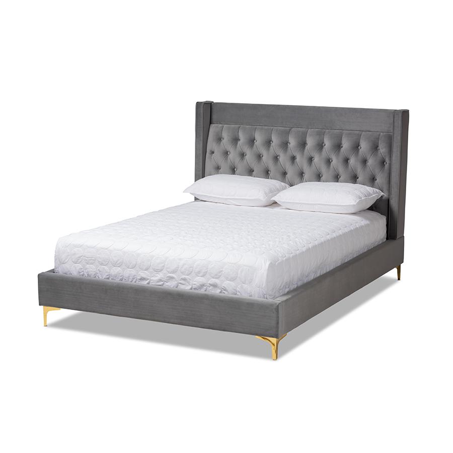 Baxton Studio Valery Modern and Contemporary Dark Gray Velvet Fabric Upholstered Queen Size Platform Bed with Gold-Finished Legs. Picture 2